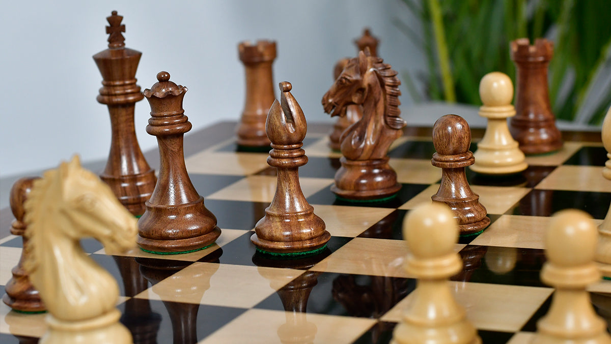 Derby Knight Staunton Weighted Chess Pieces in Sheesham & Boxwood - 4.1" King
