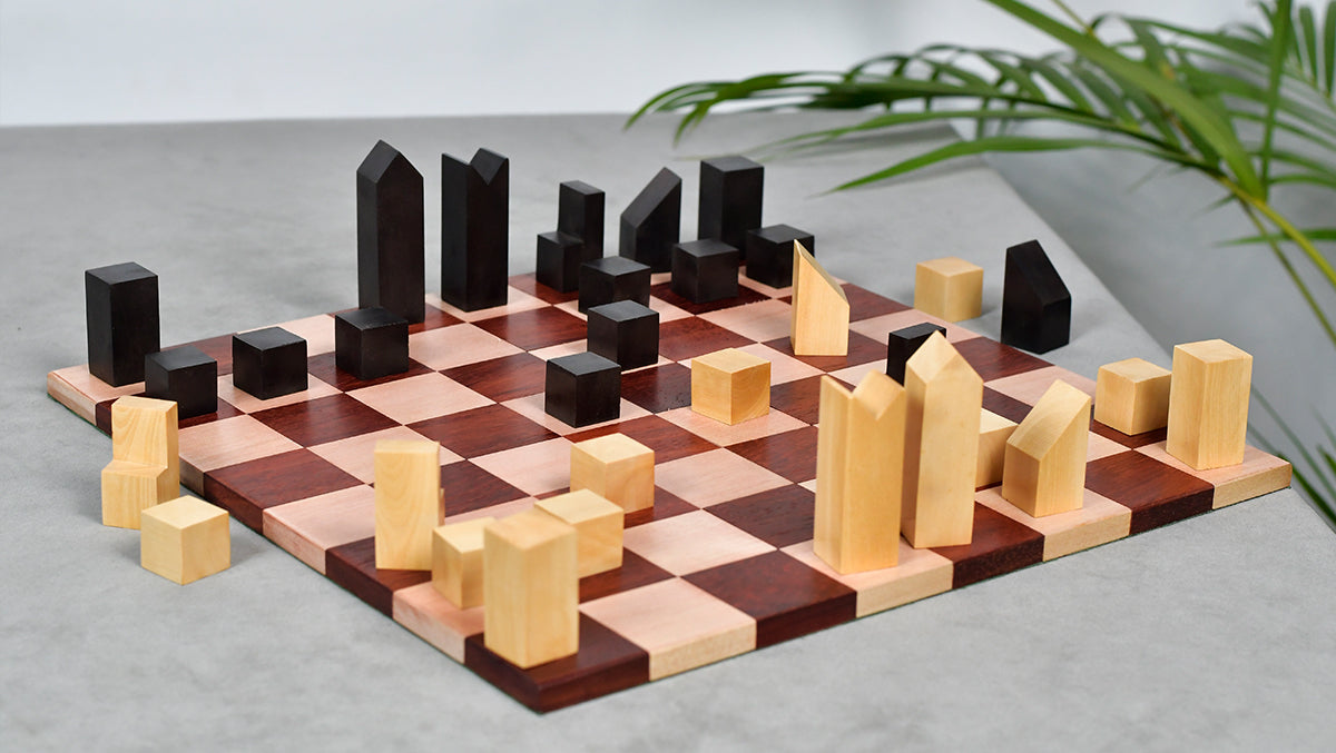 1966 F. Lanier Graham Chess Pieces - Minimalist Design in Ebonized Boxwood & Natural Boxwood - 2.79" King