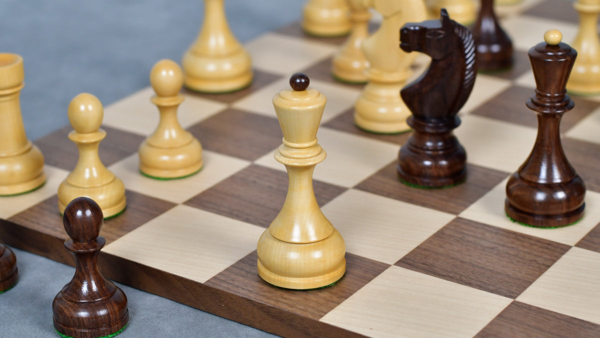 Combo Of Circa 1930s "Leningrad Schoolboy" Soviet Chess Pieces 4.2 inch King in Sheesham & Boxwood - 1530 Grams With Minimalist Walnut Maple Wooden Chess Board Matte Finish