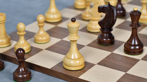 Combo Of Circa 1930s "Leningrad Schoolboy" Soviet Chess Pieces 4.2 inch King in Sheesham & Boxwood - 1530 Grams With Minimalist Walnut Maple Wooden Chess Board Matte Finish