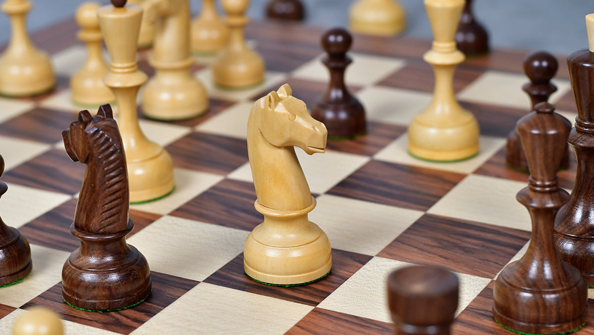 The Soviet Era 1950s' Botvinnik Tournament Weighted Chess Pieces in Sheesham & Boxwood 4.4 inch King - With Santos Palisander pr & Sycamore Chess Board