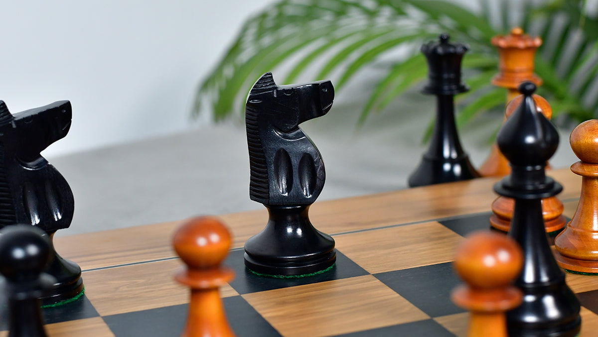 Combo Of The 1973 Philippines Repro International Tournament Chess Pieces in 4.2 Inch King Ebonized & Distressed Antique With Wooden Black Dyed Poplar Olive Chess Board