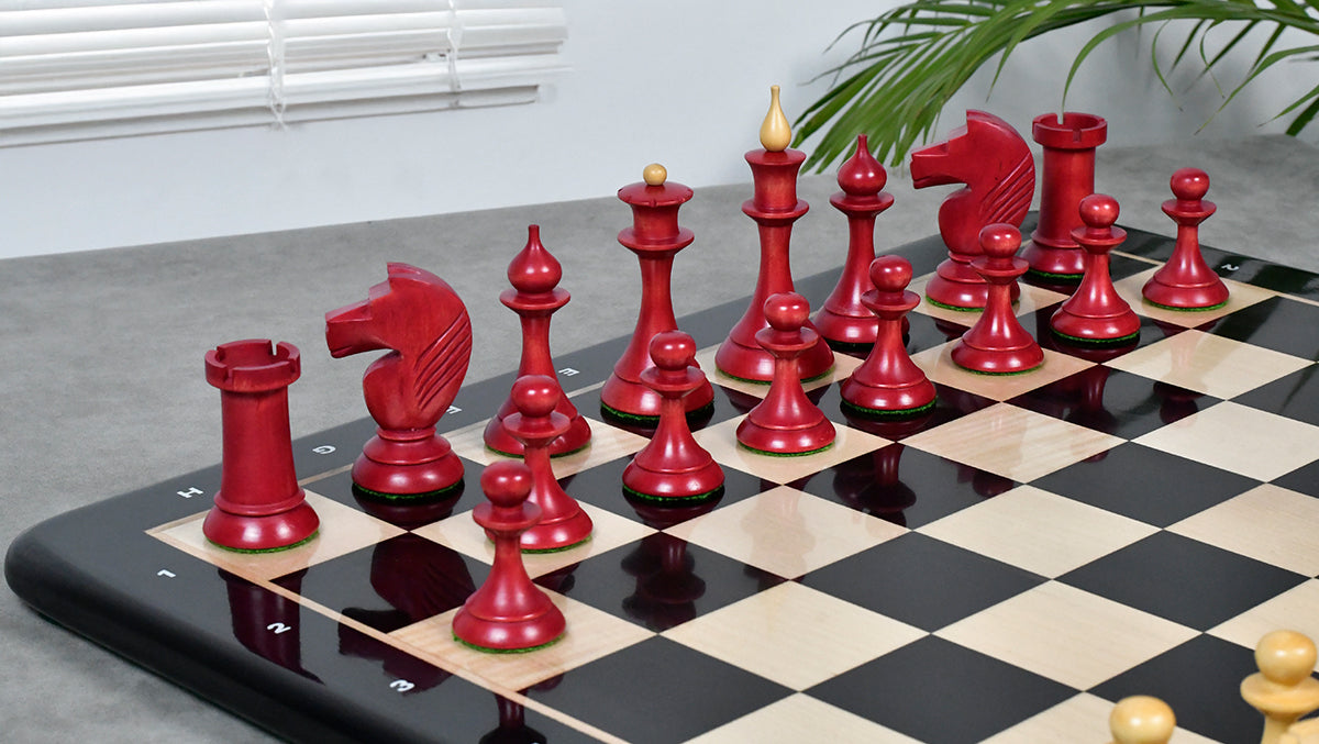 1950s' Soviet (Russian) Latvian Chess Pieces in Stained Crimson / Box Wood - 4.1" King - 1050 Grams