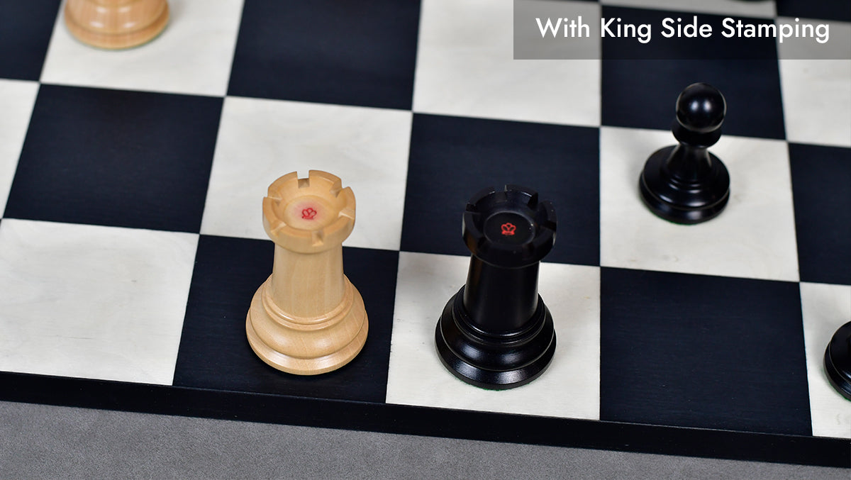 1880s-90s Circa Lasker Staunton Pattern Antique Chess Pieces in Ebony / Boxwood with King Side Stamping - 3.75" King