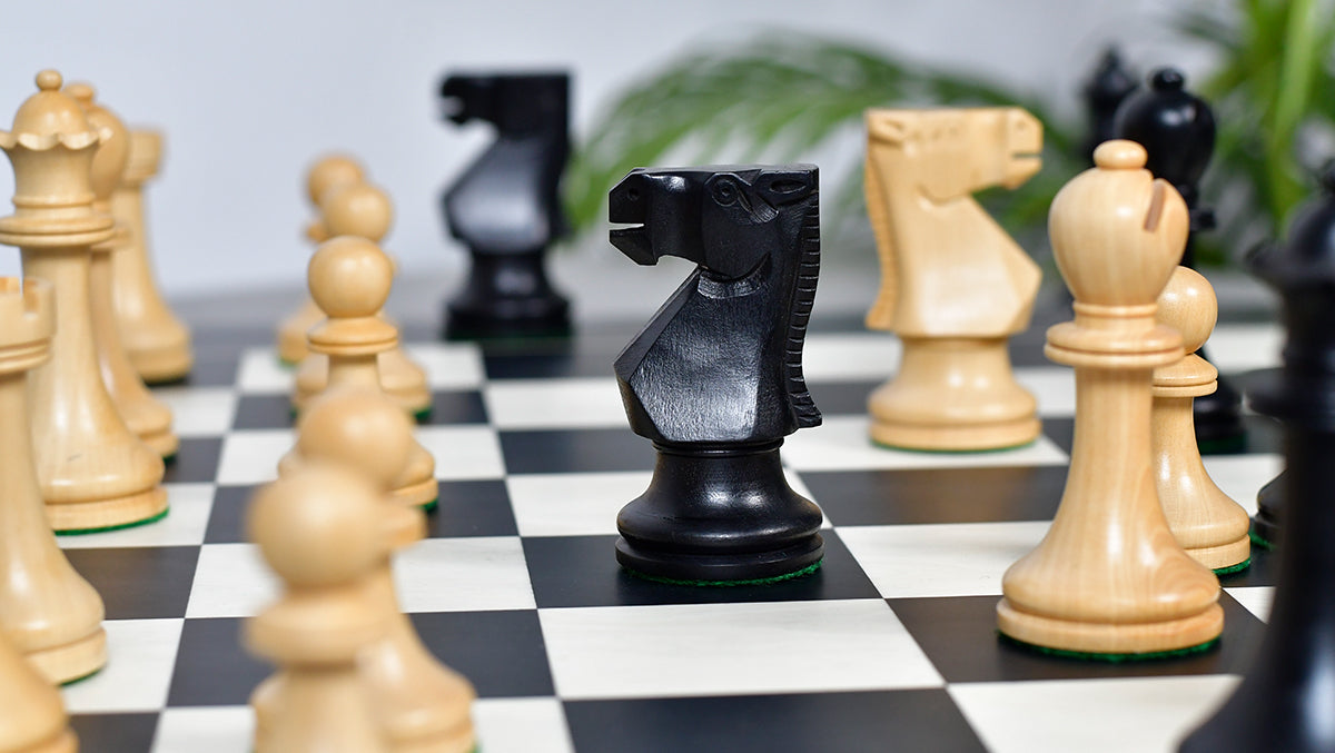 Combo Of Old Vintage English Staunton Series Chess Pieces in Ebonized Wood & Boxwood - 3.8" King With Wooden Black Anigre/ Maple Chess Board