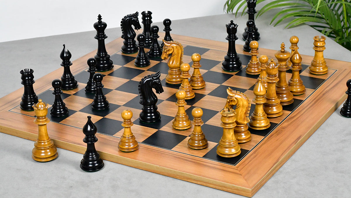 Combo Of War Admiral Antiqued Chess Pieces – 4.4" King – Handcrafted Staunton Design in Ebony Wood & Antiqued Boxwood With Wooden Black Dyed Poplar Olive Chess Board