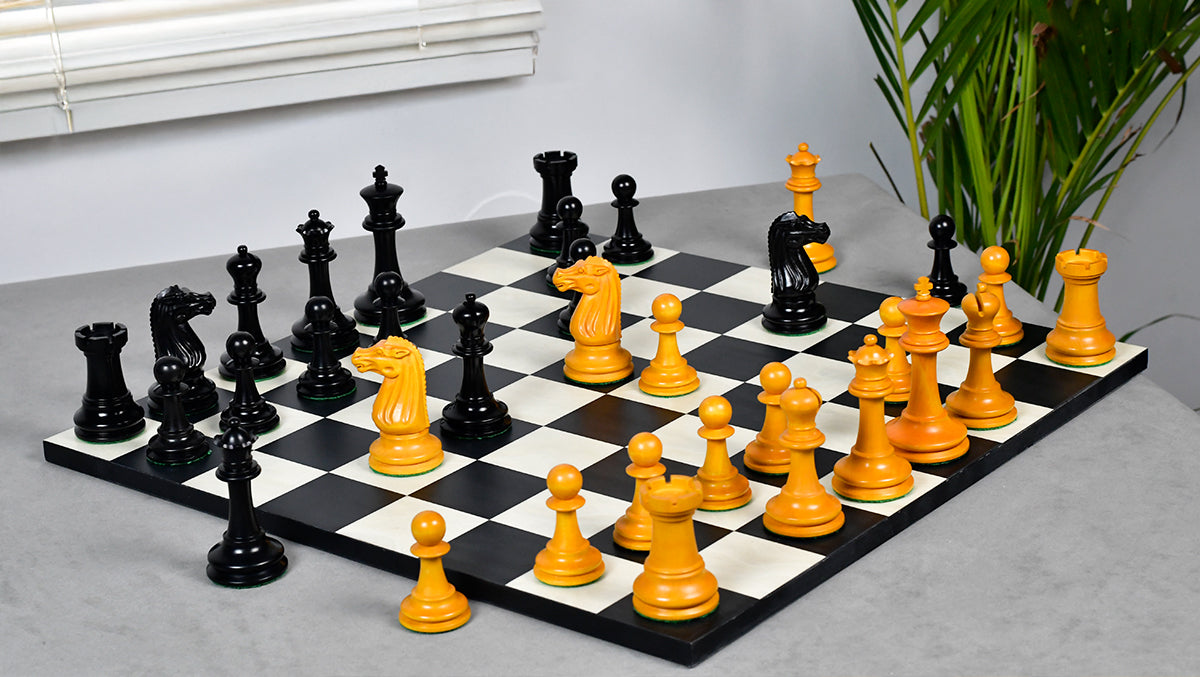 Circa 1887 Turner Teich Soviet-Staunton Style Weighted 4" Chess Pieces in Ebony & Golden Antique Boxwood - 1700 Grams Weight