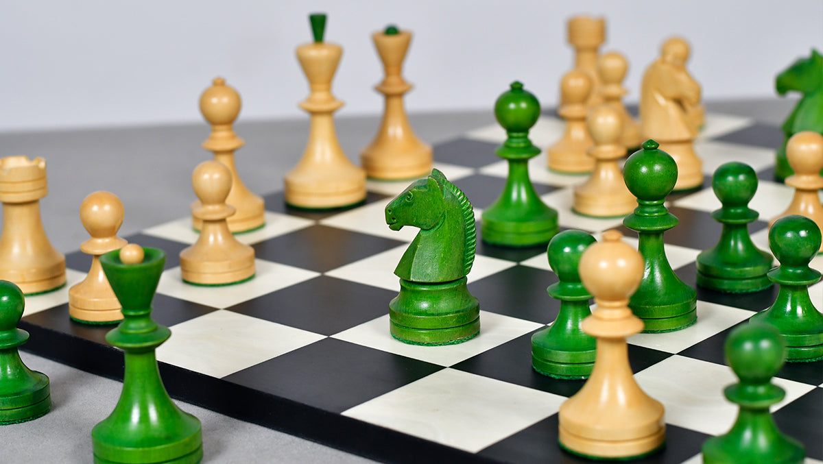 Russian (Soviet Era) Series Chess Pieces in Stained Green Ash Burl / Boxwood - 3.7" King