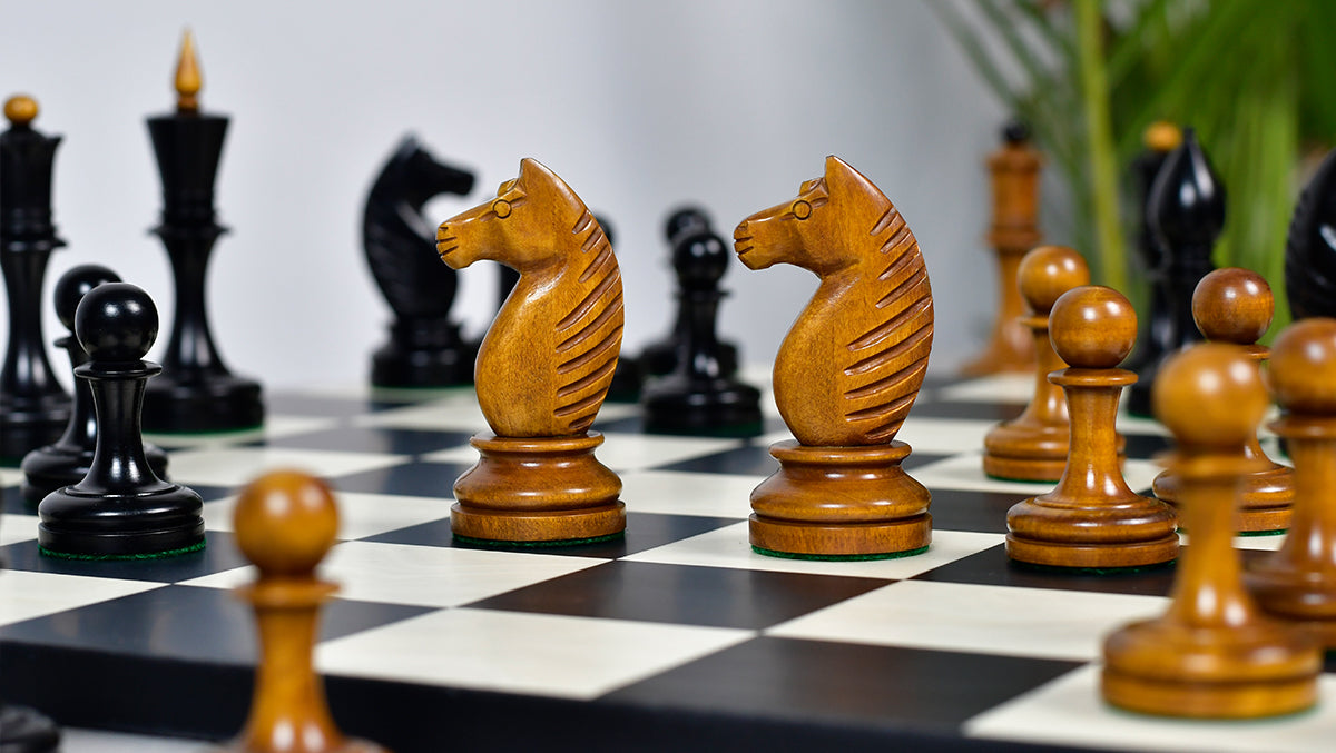 The Repro of Averbakh 1949 Moscow Chess Championship Chess Pieces in Ebonized & Antiqued Boxwood 4.20 inch King - 1130 Grams Weight