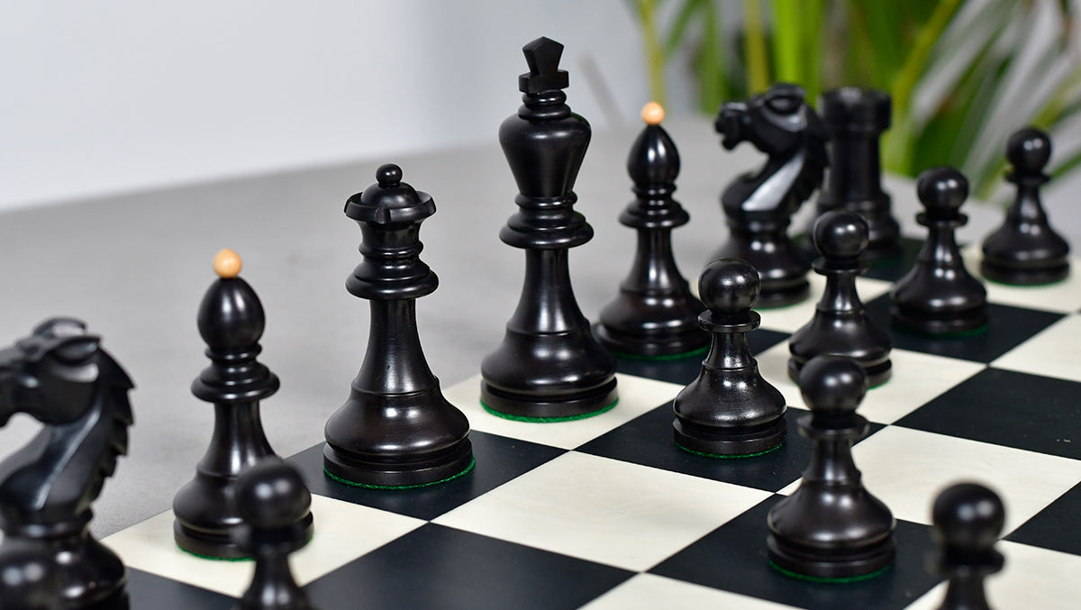 Reproduced Vintage 1950's Circa Bohemia Staunton Series German Chess Pieces in Ebonized Boxwood & Natural Boxwood - 3.89" King