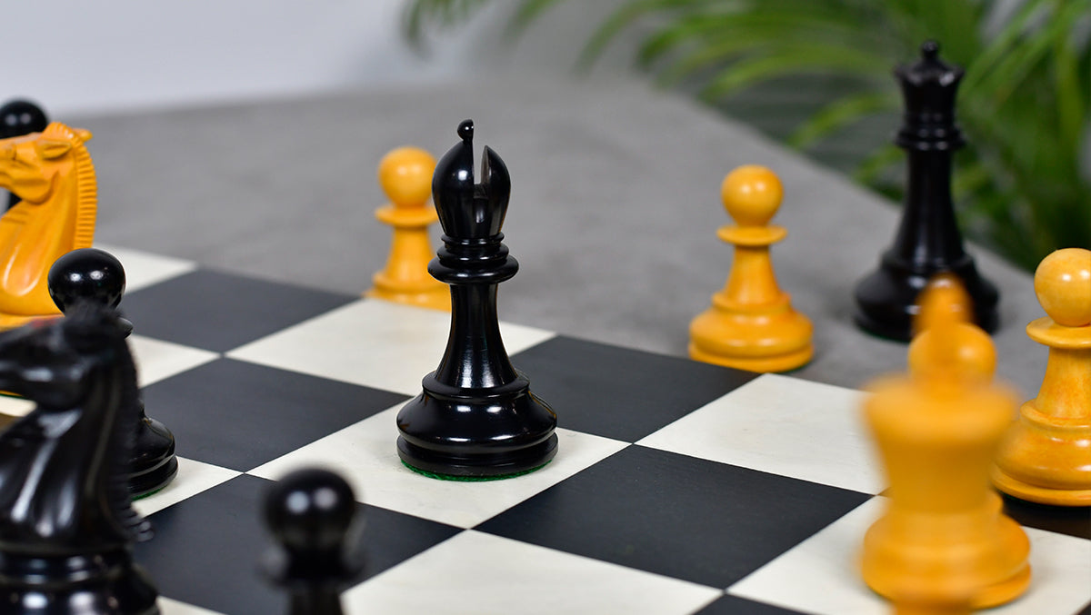 1900s' Marshall Staunton Pattern Chess Pieces in Ebony / Antiqued Boxwood with King Side Stamping - 3.75" King