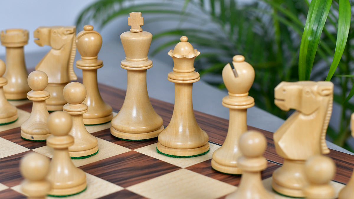 Combo Of Old Vintage English Staunton Series Chess Pieces in Sheesham & Bowood - 3.8" King With Santos Palisander pr &amp; Sycamore Chess Board