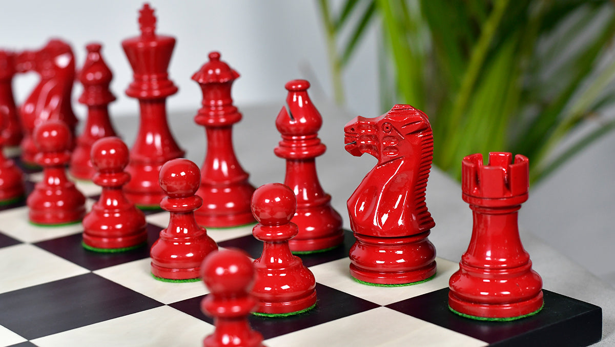 Smokey Staunton Series Painted Chess Set - Chess Pieces Only - Black and Red Painted Boxwood - 3.8" King