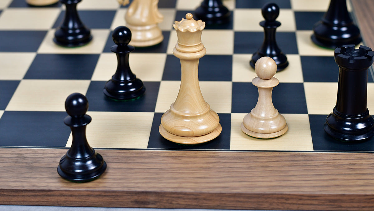 Combo Of 4.4 Inch Luxury Imperial Collector Series Artisan Chess Pieces Triple Weighted in Ebony and Boxwood With Wooden Black Dyed Poplar Sycamore Chess Board