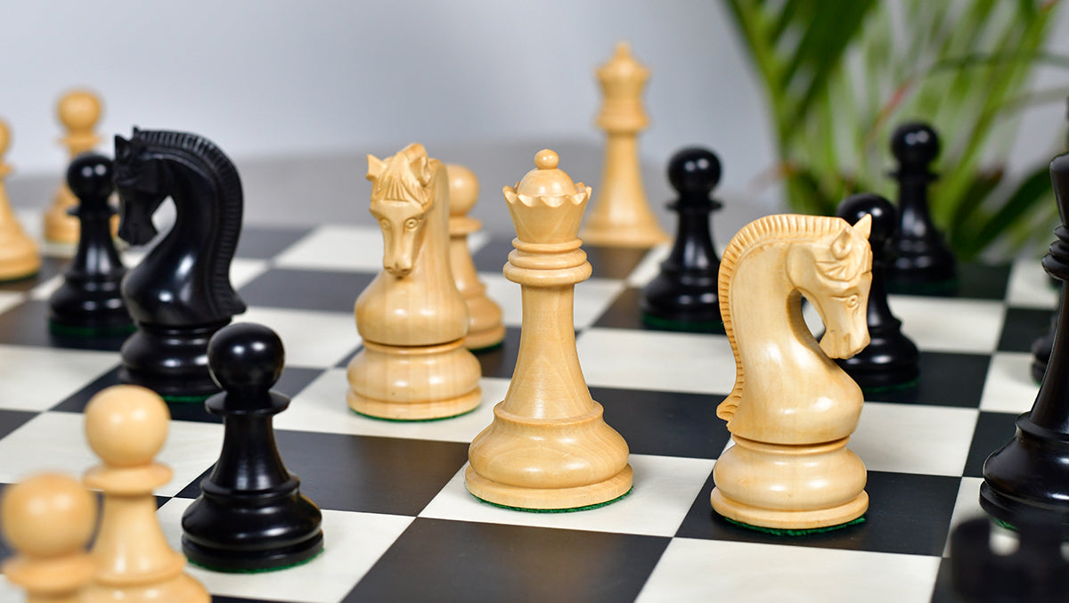 Leningrad Club-Sized Wooden Chess Pieces in Black Ebonized Wood & Boxwood- 4.0" King