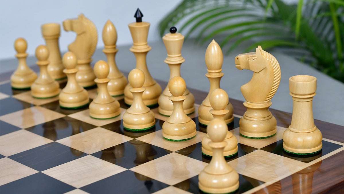 Combo Of Circa 1930s "Leningrad Schoolboy" 4.2 inch King Soviet Chess Pieces in Ebonized & Boxwood - 1530 grams With Solid Wooden Indian Chess Board in Genuine Ebony Wood & Maple Wood with Sheesham Wood Border