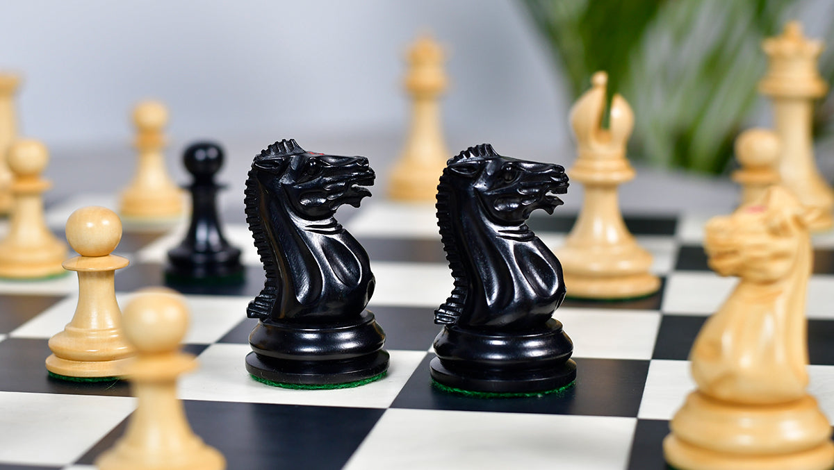 1849 Original Staunton Pattern Wooden Heavy Chess Pieces in Ebony / Boxwood with King Side Stamping - 3.75" King