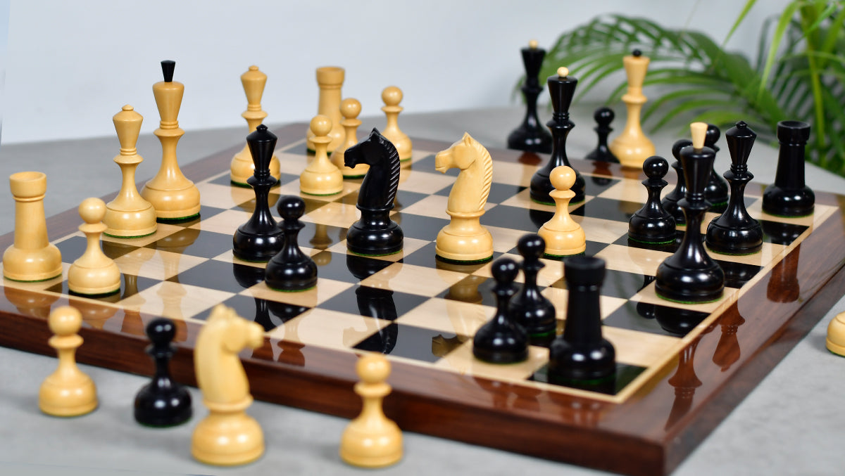 Combo Of 1950s' Botvinnik Tournament Soviet Era Chess Pieces in 4.4 inch King Ebonized Boxwood - 1480 Grams Weight With Solid Wooden Indian Chess Board in Genuine Ebony Wood & Maple Wood with Sheesham Wood Border