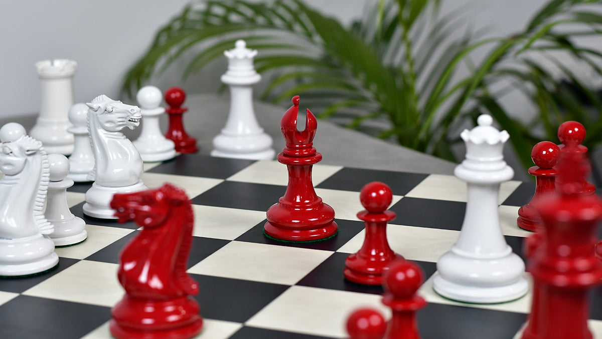 1849 Original Staunton Pattern Painted Chess Pieces (Lacquer Finished) Red Painted Crimson & Ivory White - 4.5" King