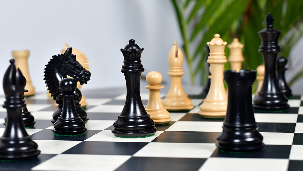 The American Bridle Triple-Weighted Chess Pieces with Extra Queen - Handcrafted in Ebony & Boxwood 4.2" King