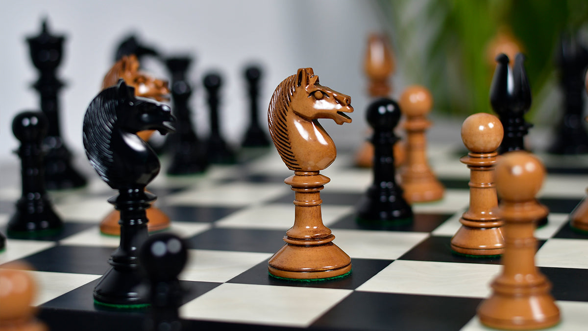 Exclusive Repro Old Antique Edinburgh Upright Chess Pieces in Distressed Boxwood and Ebonized Wood - 4.4" King with Extra Queens