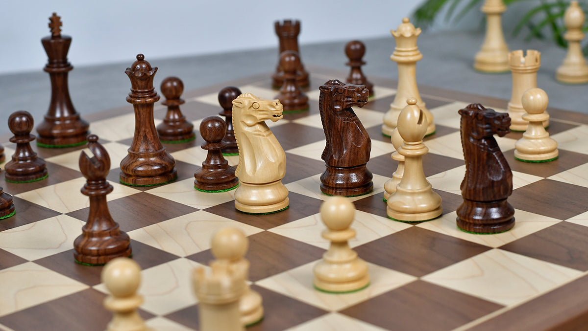 The Grandmaster Staunton Series Chess Pieces In Sheesham & Natural Boxwood - 3.75" King