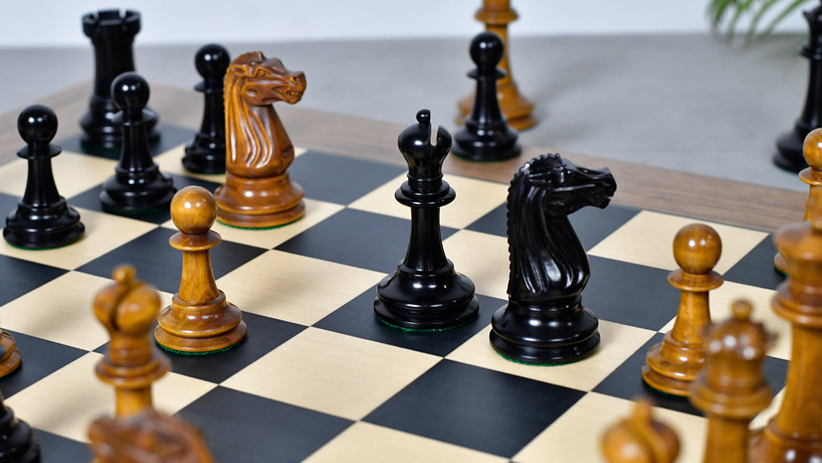 Combo Of Circa 1887 Turner Teich Soviet-Staunton Style Weighted 4" Chess Pieces in Ebony & Antiqued Boxwood With Wooden Deluxe Black Dyed Poplar & Sycamore with Matte Finish Chess Board