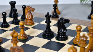 Combo Of Circa 1887 Turner Teich Soviet-Staunton Style Weighted 4" Chess Pieces in Ebony & Antiqued Boxwood With Wooden Deluxe Black Dyed Poplar & Sycamore with Matte Finish Chess Board