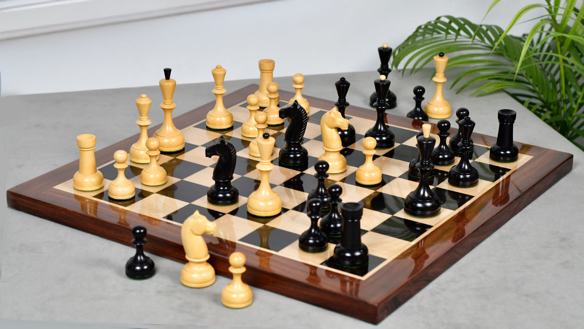 Combo Of 1950s' Botvinnik Tournament Soviet Era Chess Pieces in 4.4 inch King Ebonized Boxwood - 1480 Grams Weight With Solid Wooden Indian Chess Board in Genuine Ebony Wood & Maple Wood with Sheesham Wood Border