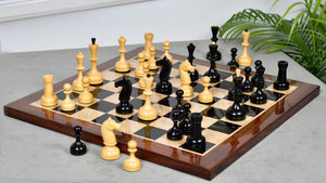 Combo Of 1950s' Botvinnik Tournament Soviet Era Chess Pieces in 4.4 inch King Ebonized Boxwood - 1480 Grams Weight With Solid Wooden Indian Chess Board in Genuine Ebony Wood & Maple Wood with Sheesham Wood Border