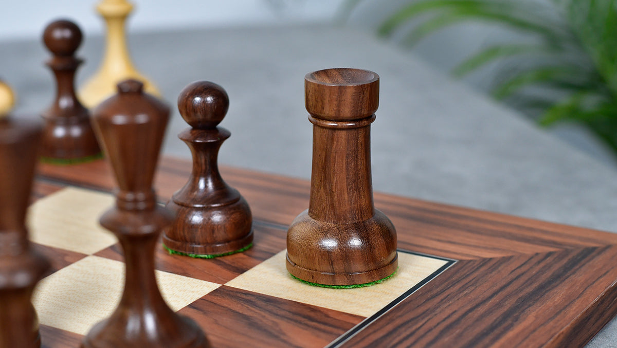 The Soviet Era 1950s' Botvinnik Tournament Weighted Chess Pieces in Sheesham & Boxwood 4.4 inch King - With Santos Palisander pr & Sycamore Chess Board