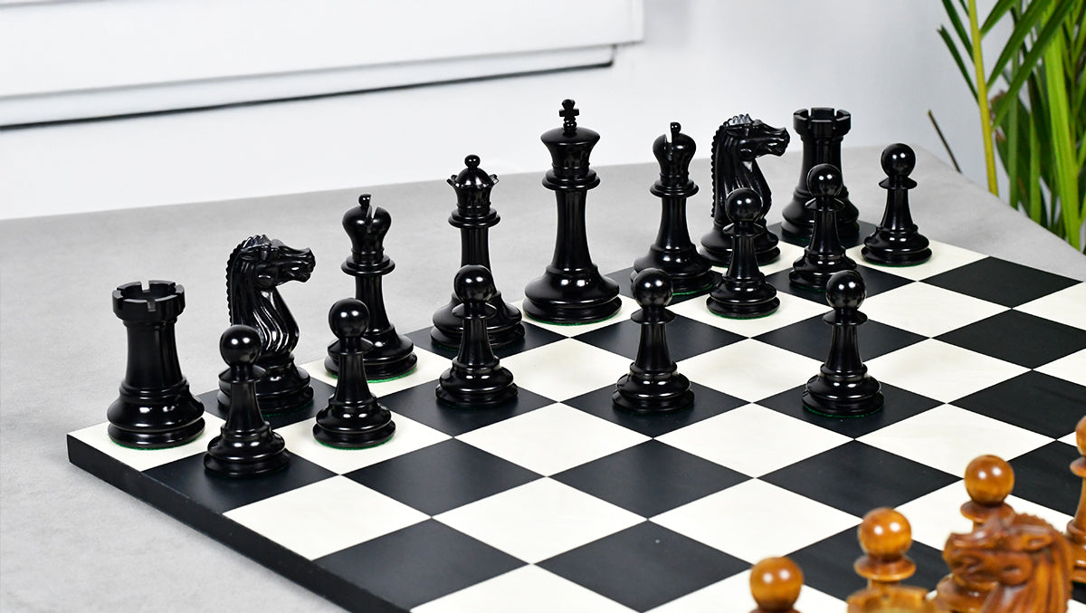 Circa 1887 Turner Teich Soviet-Staunton Style Weighted 4" Chess Pieces in Ebony & Antiqued Boxwood - 1700 Grams Weight