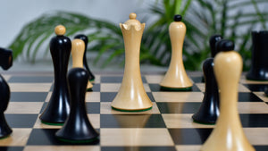 Combo Of Minimalist Soviet-Style Chess Pieces In Ebonized & Boxwood - 3.7” King With Wooden Ebony Wood / Maple Wood Chess Board