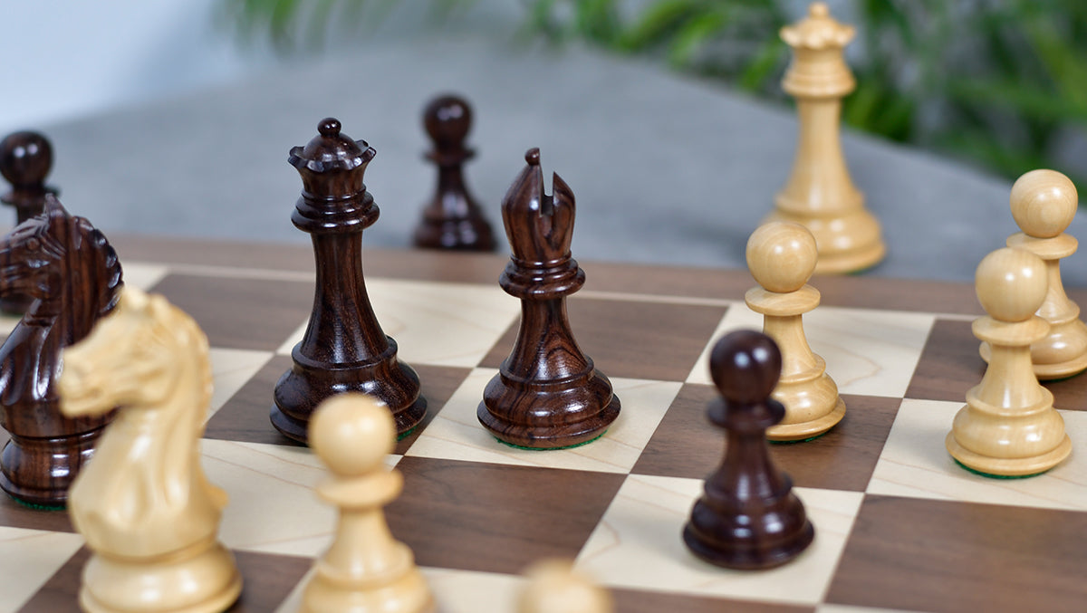 Fierce Knight (Queen's Gambit Series) Staunton Chess Pieces in Rosewood & Boxwood - 4.1" King