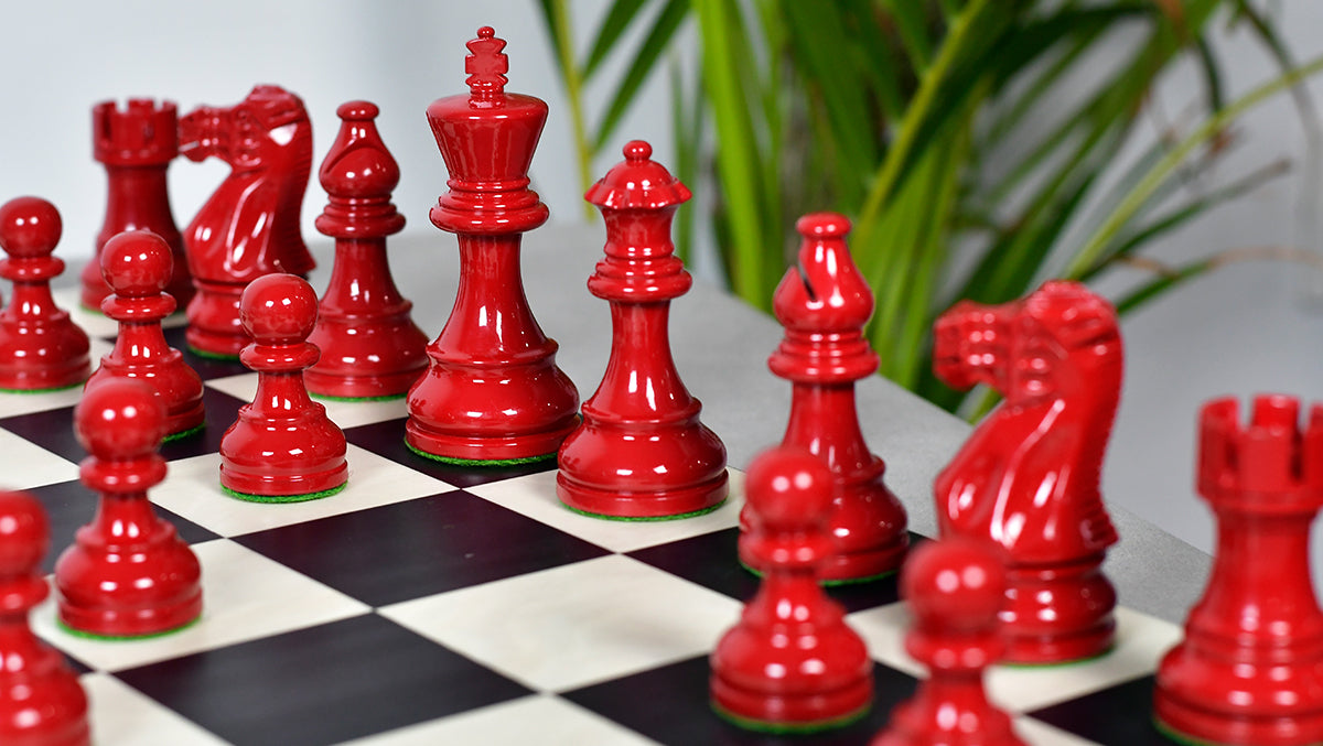 Smokey Staunton Series Painted Chess Set - Chess Pieces Only - Black and Red Painted Boxwood - 3.8" King