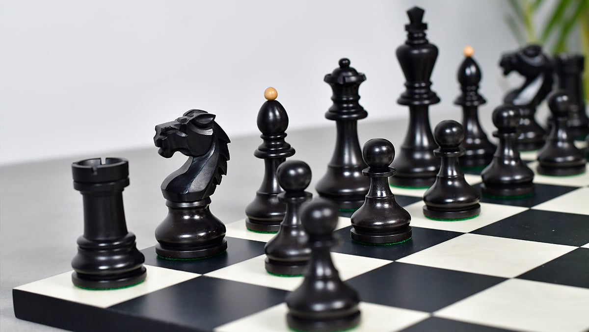 Reproduced Vintage 1950's Circa Bohemia Staunton Series German Chess Pieces in Ebonized Boxwood & Natural Boxwood - 3.89" King