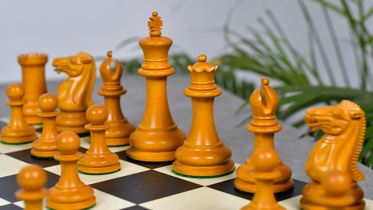 4.5" King - 1849 Original Staunton Pattern Triple Weighted Wooden Chess Pieces in Genuine Ebony & Antiqued Boxwood w/ King Side Stamping