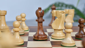 Combo Of Old Vintage English Staunton Series Chess Pieces in Sheesham & Bowood - 3.8" King With Santos Palisander pr &amp; Sycamore Chess Board