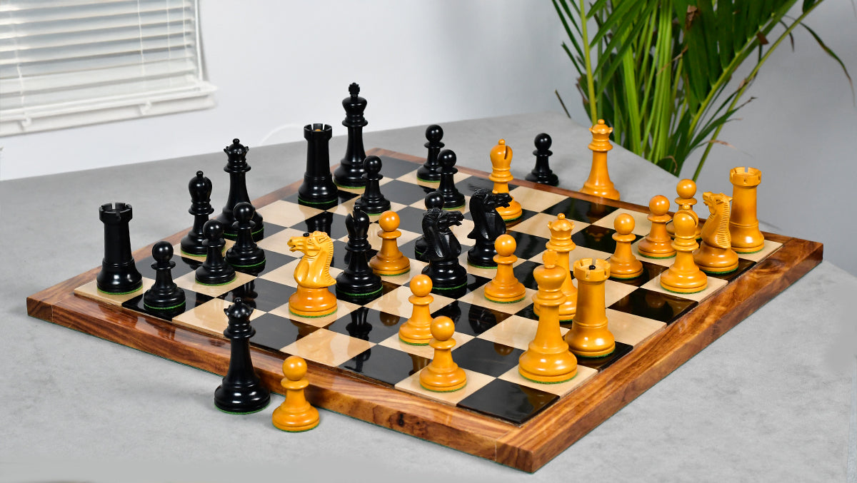 Reproduced Richard Whitty Antique Chess Pieces with King Side Stamping in Ebony / Antiqued Box wood - 3.75" King