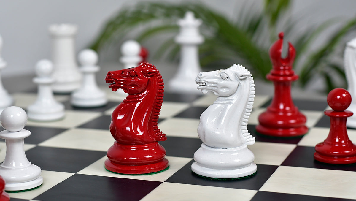 1849 Original Staunton Pattern Painted Chess Pieces (Lacquer Finished) Red Painted Crimson & Ivory White - 4.5" King