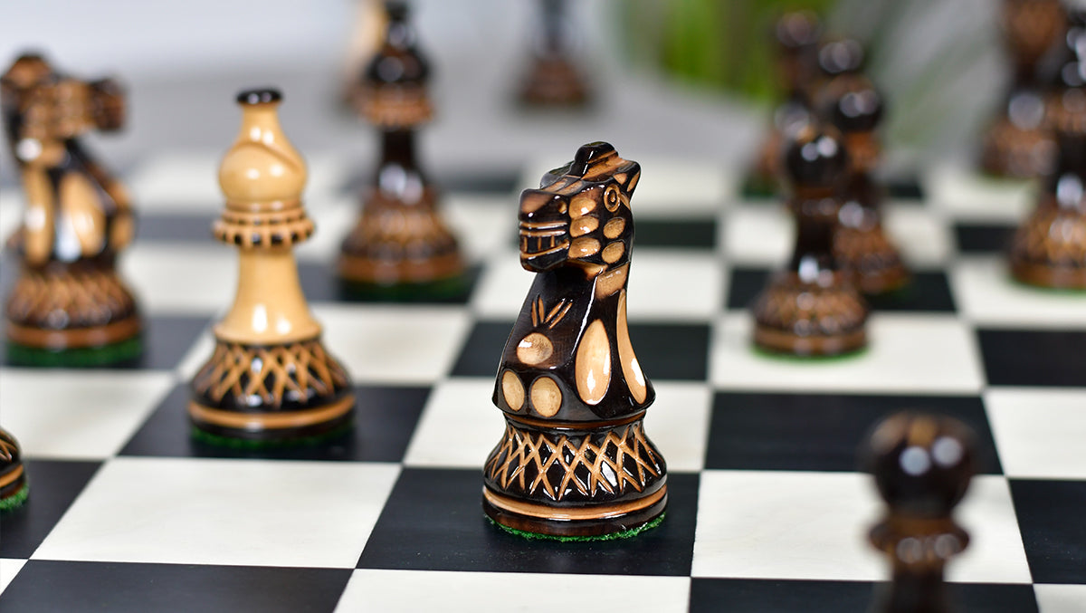 Burnt Blazed Series Handcarved (Lacquerd) Chess Pieces in Burnt Boxwood - 3.8" King