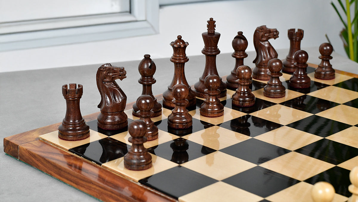 The Judit Polgar Repro Staunton Weighted Tournament Chess Pieces in Anjan Wood & Boxwood 3 ¾ Inch King - 1000 Grams