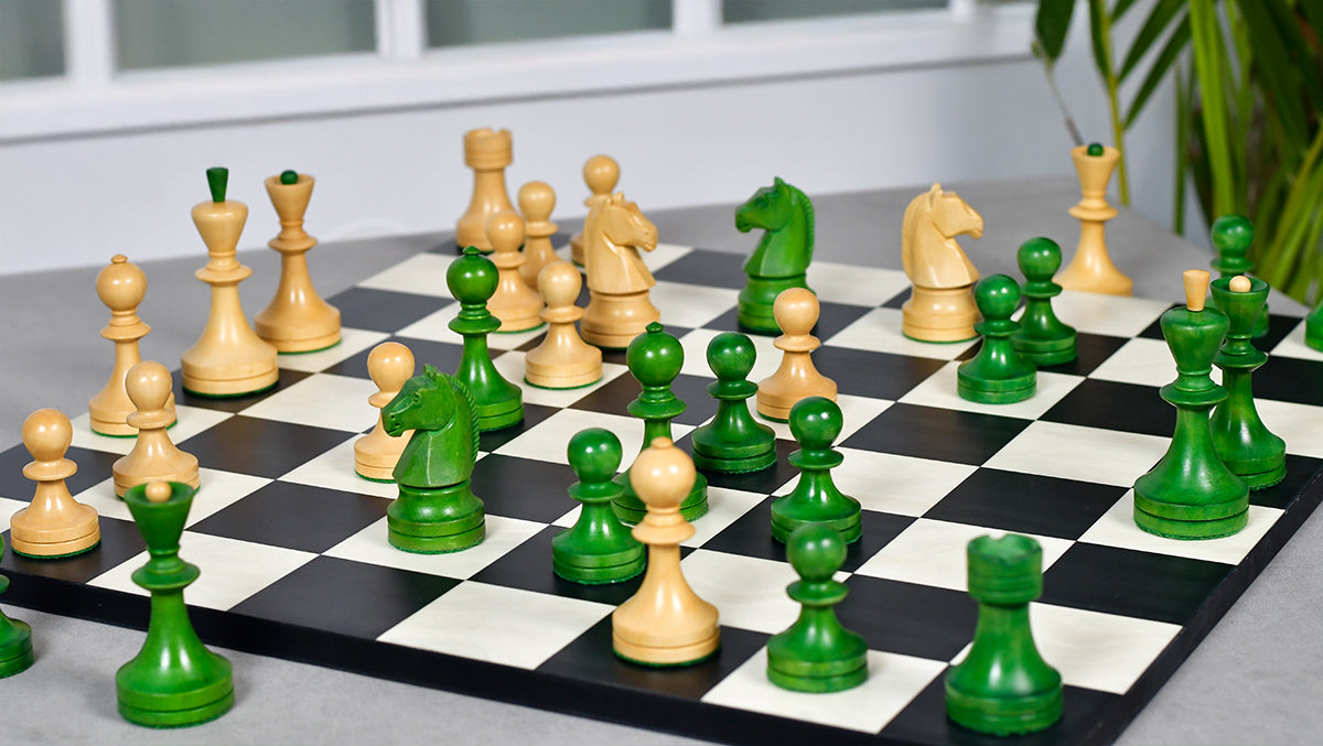 Russian (Soviet Era) Series Chess Pieces in Stained Green Ash Burl / Boxwood - 3.7" King