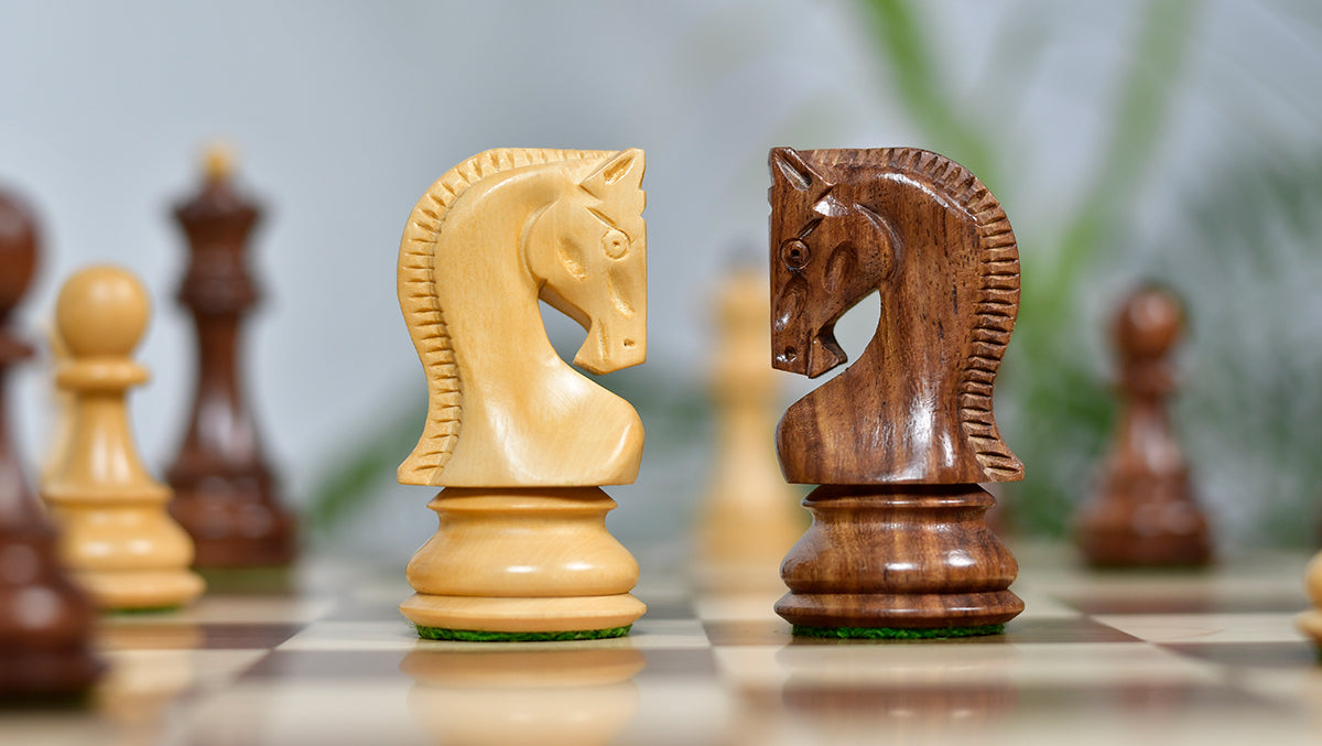 Combo Of 1959 World Chess Championship Russian Zagreb Weighted Chess Pieces in Sheesham / Natural Boxwood 4.14" - King With Wooden Walnut / Maple Chess Board
