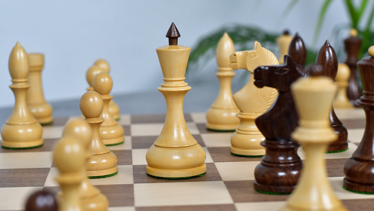 Combo Of Circa 1930s "Leningrad Schoolboy" Soviet Chess Pieces 4.2 inch King in Sheesham & Boxwood - 1530 Grams With Minimalist Walnut Maple Wooden Chess Board Matte Finish