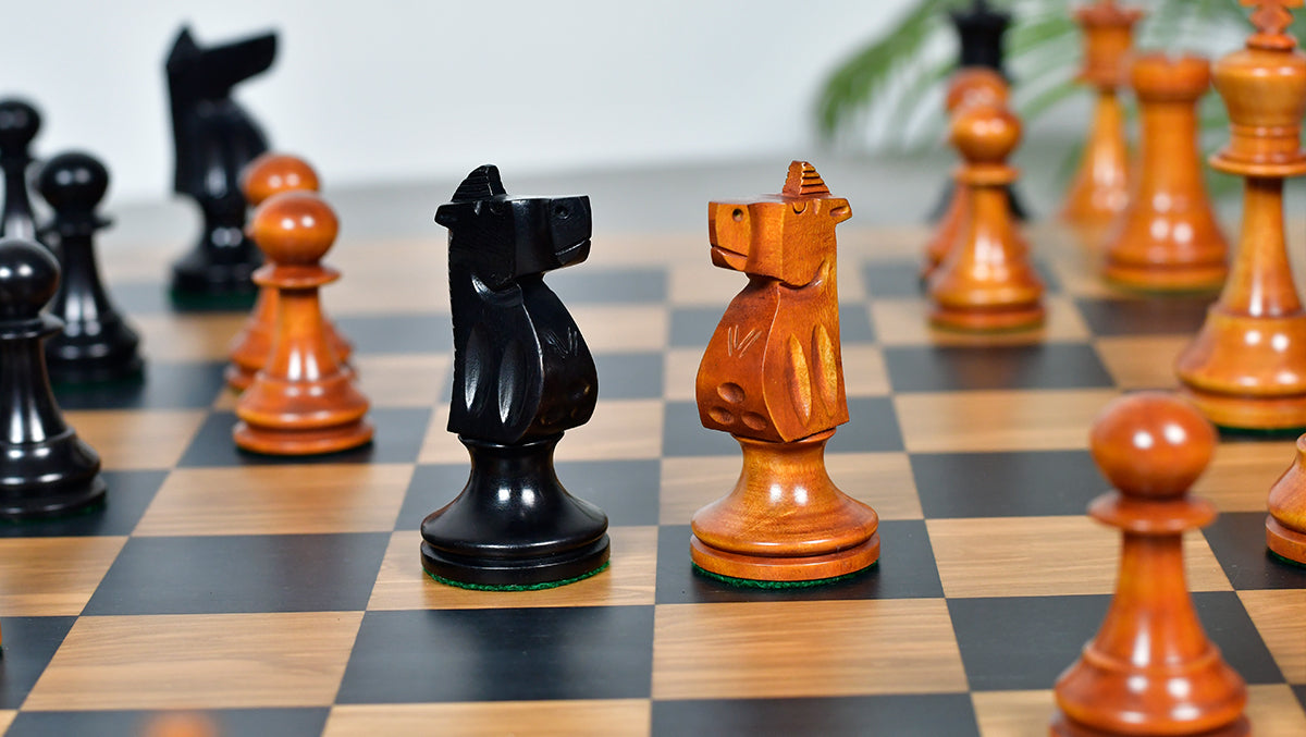 Combo Of The 1973 Philippines Repro International Tournament Chess Pieces in 4.2 Inch King Ebonized & Distressed Antique With Wooden Black Dyed Poplar Olive Chess Board