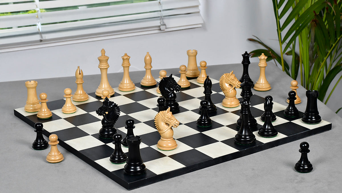 The American Bridle Triple-Weighted Chess Pieces with Extra Queen - Handcrafted in Ebony & Boxwood 4.2" King