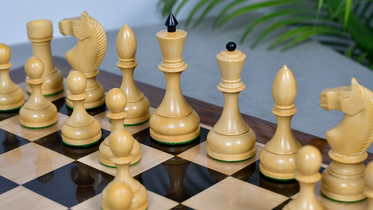 Combo Of Circa 1930s "Leningrad Schoolboy" 4.2 inch King Soviet Chess Pieces in Ebonized & Boxwood - 1530 grams With Solid Wooden Indian Chess Board in Genuine Ebony Wood & Maple Wood with Sheesham Wood Border