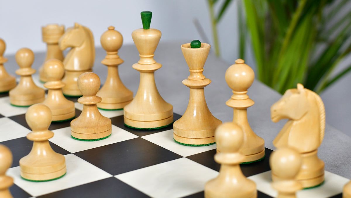 Russian (Soviet Era) Series Chess Pieces in Stained Green Ash Burl / Boxwood - 3.7" King