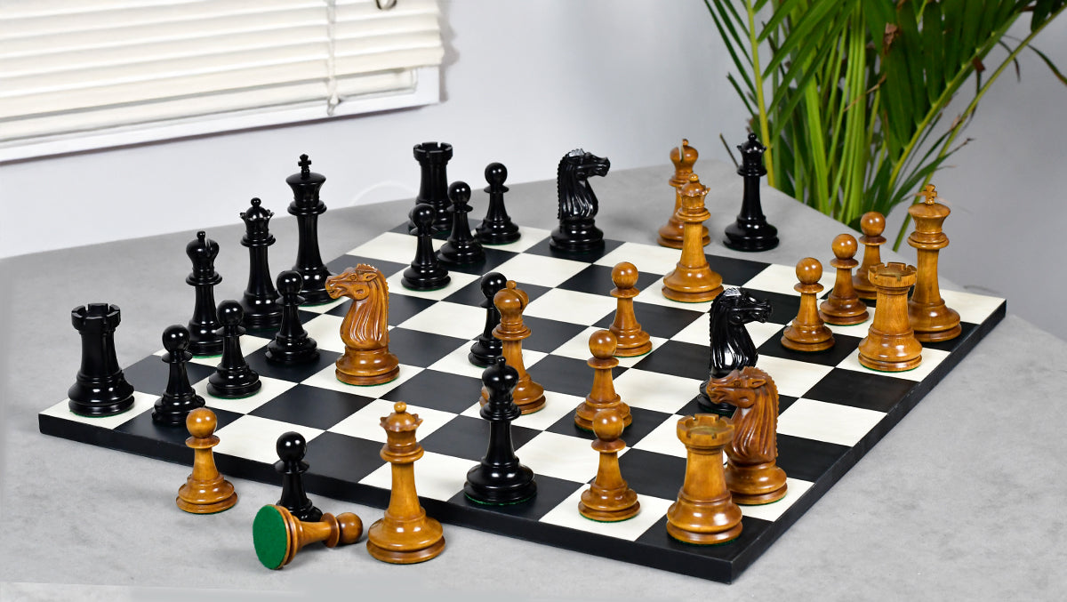 Circa 1887 Turner Teich Soviet-Staunton Style Weighted 4" Chess Pieces in Ebony & Antiqued Boxwood - 1700 Grams Weight
